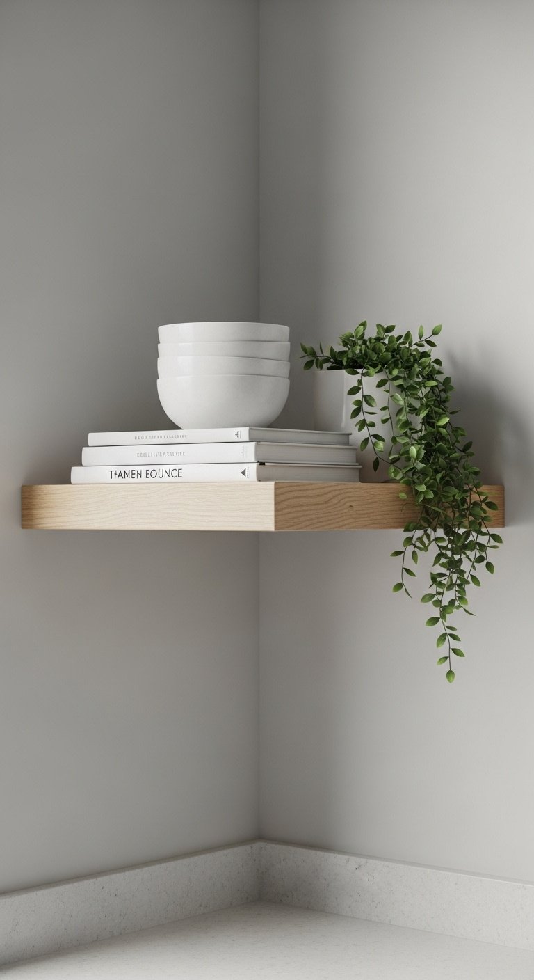 Styled floating oak corner shelf with ceramic bowls cookbooks and trailing plant on light grey wall
