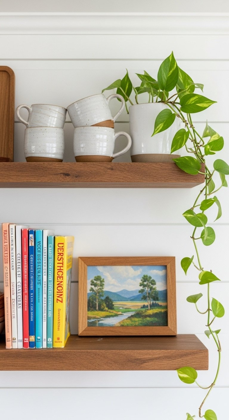 Styled open kitchen shelf with vintage cookbooks ceramic mugs landscape painting and trailing pothos plant on rustic wood