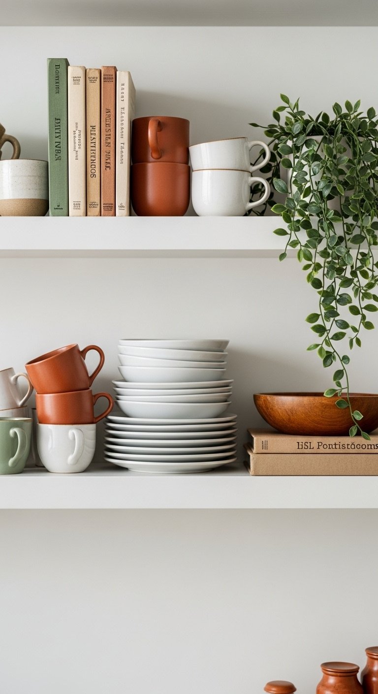 Styled open kitchen shelves with earthy ceramic mugs white plates rustic cookbooks and a trailing plant in bright light