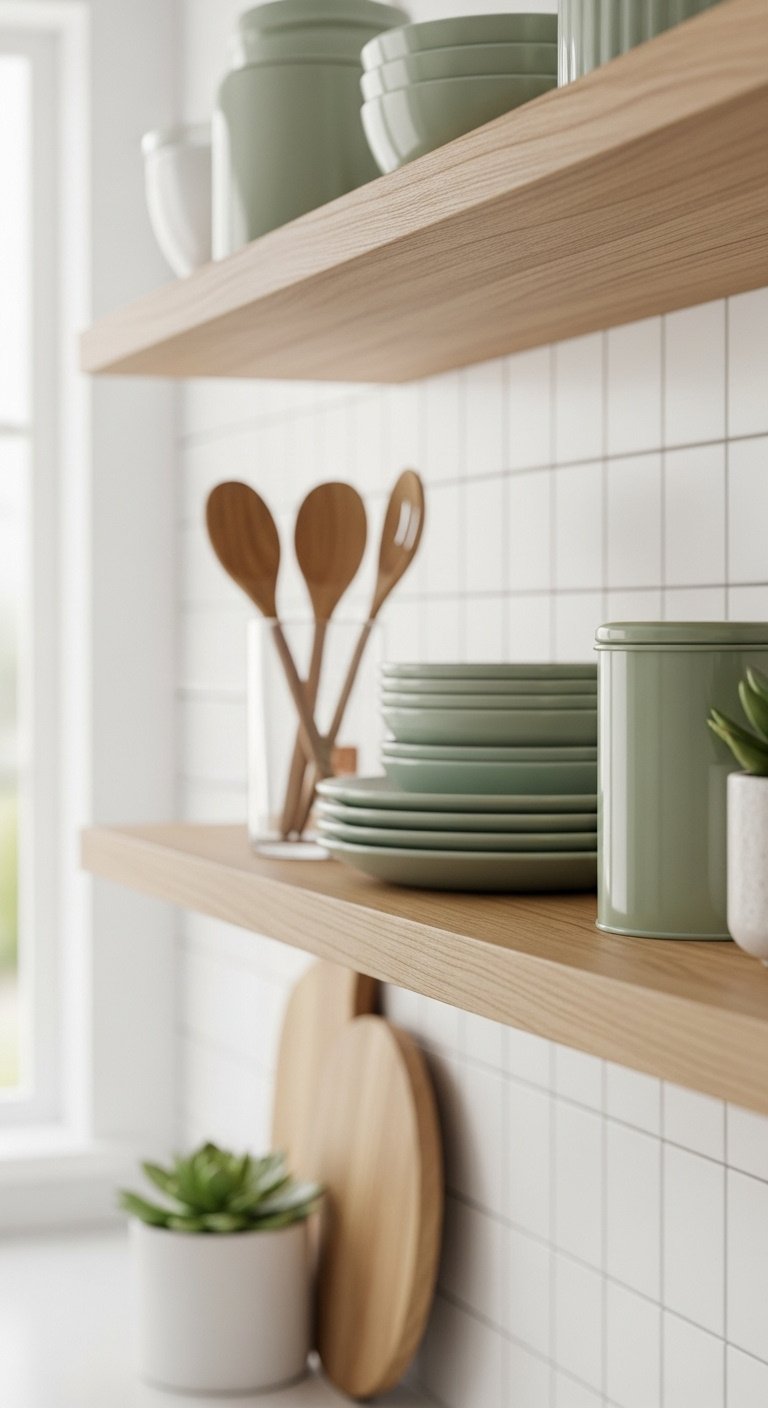 Styled open shelf, light wood, sage green ceramic plates, tea canister, glass with wooden spoons, potted succulent, white tiled wall.
