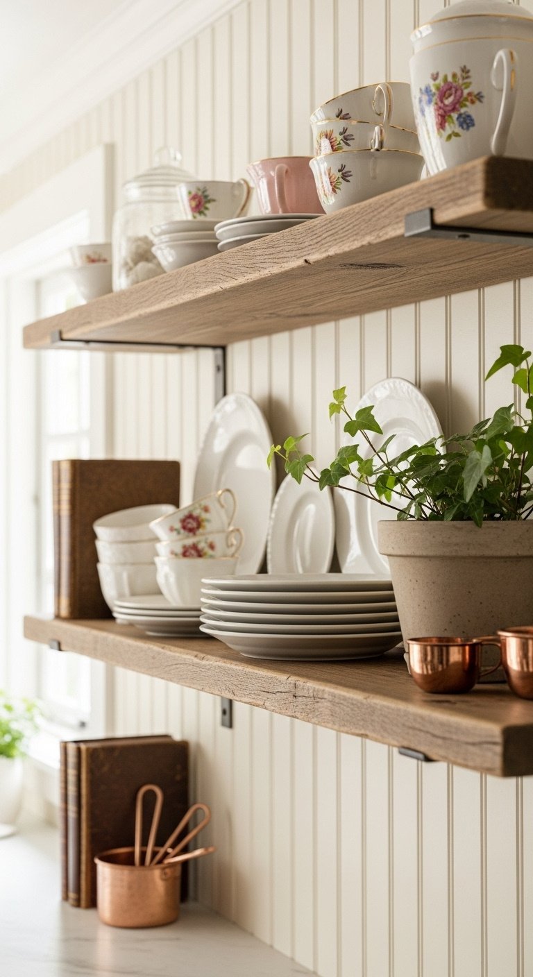 Styled reclaimed wood open kitchen shelves with vintage teacups plates ivy plant and cookbooks under bright studio light