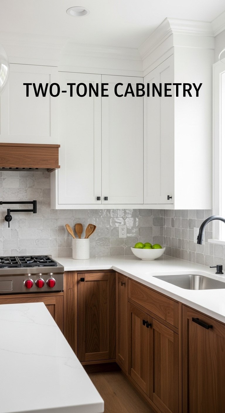 Stylish kitchen with warm walnut lower cabinets, white upper cabinets, white quartz countertop, zellige tile backsplash, green apples, black faucet.