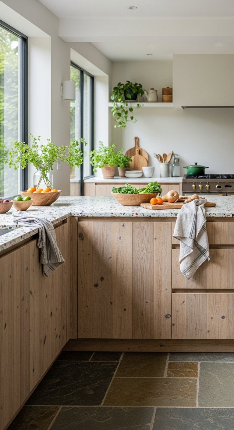 Sustainable luxury kitchen with reclaimed wood cabinets recycled glass terrazzo and lush garden view