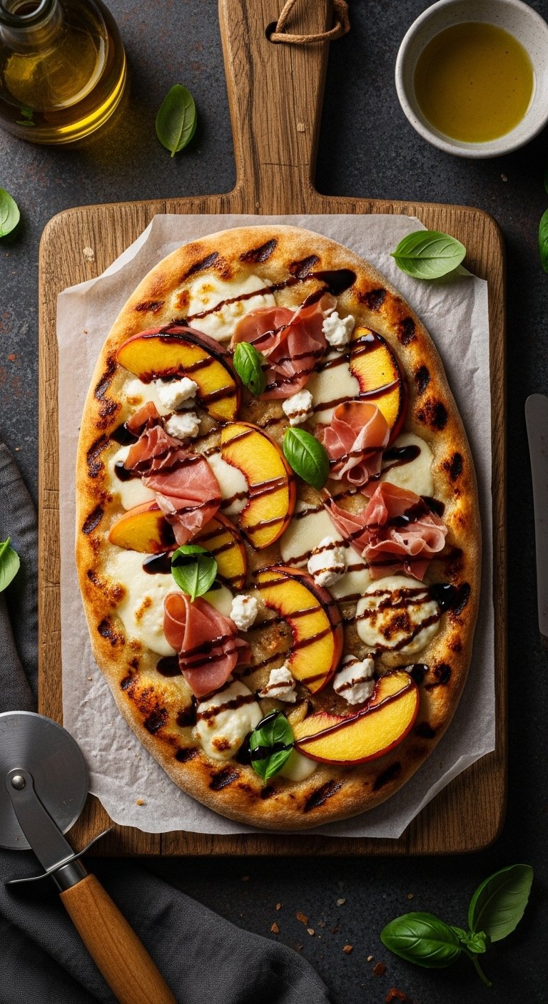 Sweet and savory grilled peach pizza with mozzarella goat cheese prosciutto balsamic glaze on wood cutting board
