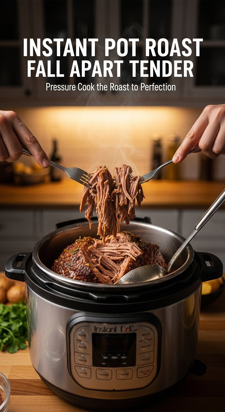 Tender pot roast being shredded with forks inside Instant Pot with rich cooking liquid on butcher block counter