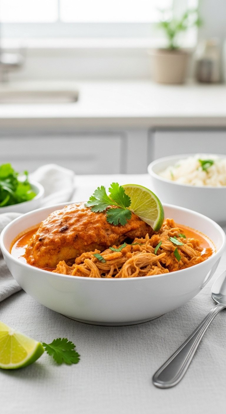 Tender pulled chicken in spicy coconut sauce with cilantro and lime in a white bowl, with jasmine rice and spoon