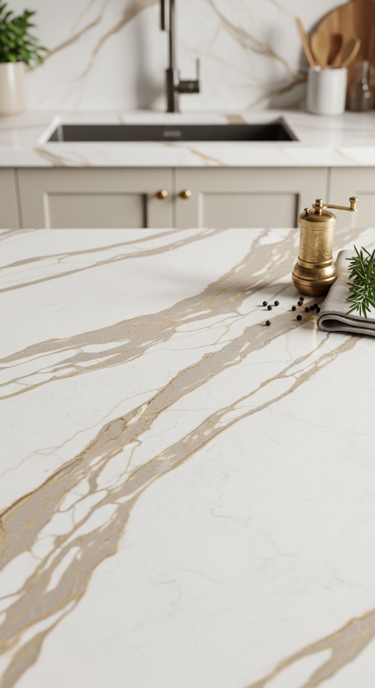 Top-down close-up of a creamy white quartz countertop with warm gold and taupe veining and a brass pepper mill