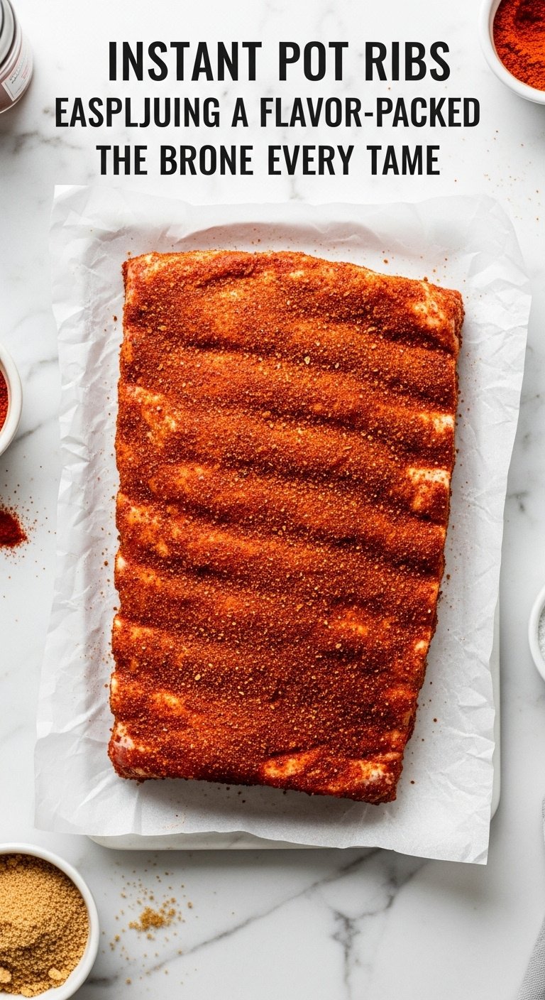 Uncooked ribs coated in a rich, dark red-brown dry rub on parchment paper with individual spices on marble countertop