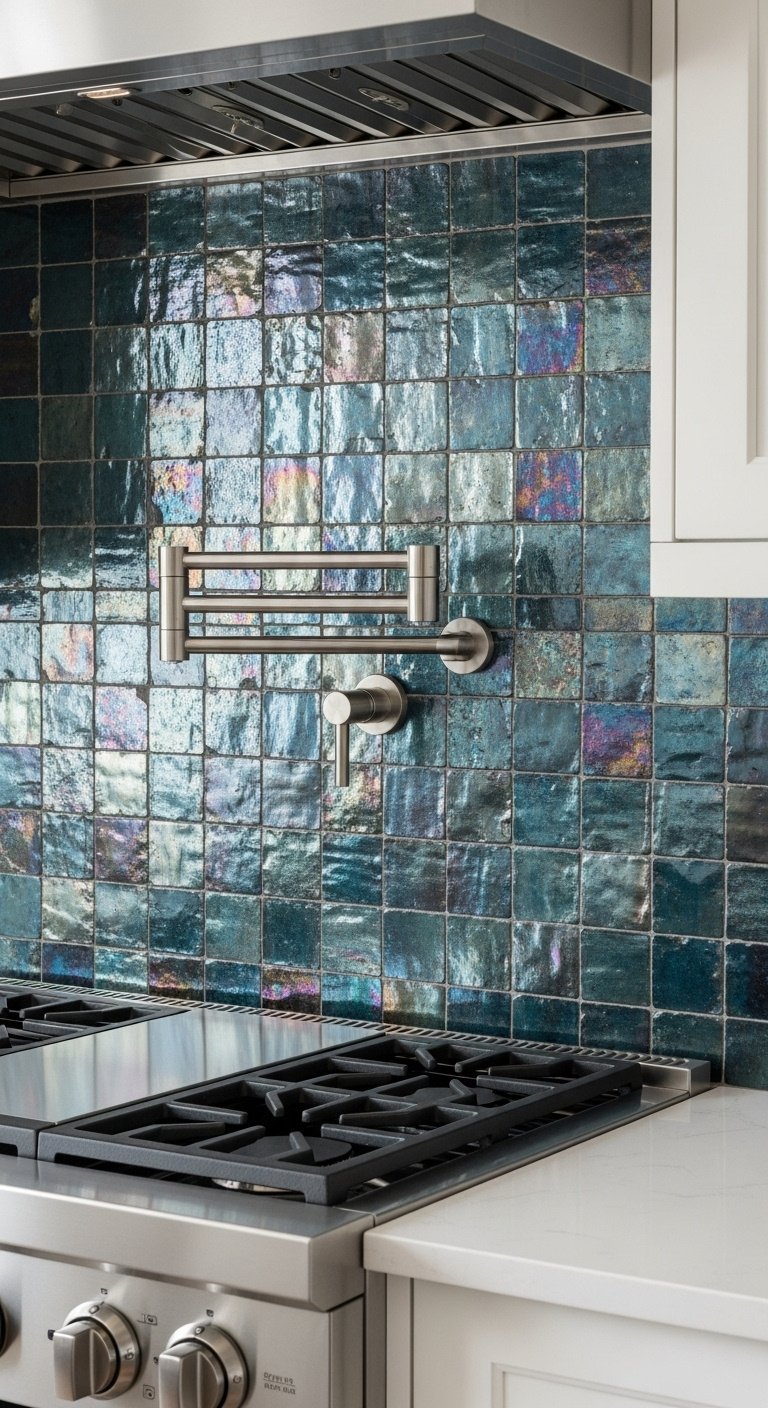 Unique iridescent blue green zellige tile backsplash with modern stainless steel pot filler