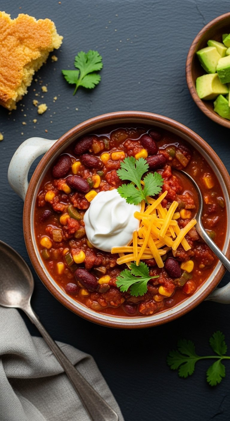 Vegetarian chili with sour cream cheese and cilantro in a ceramic bowl with cornbread and avocado on a dark slate surface