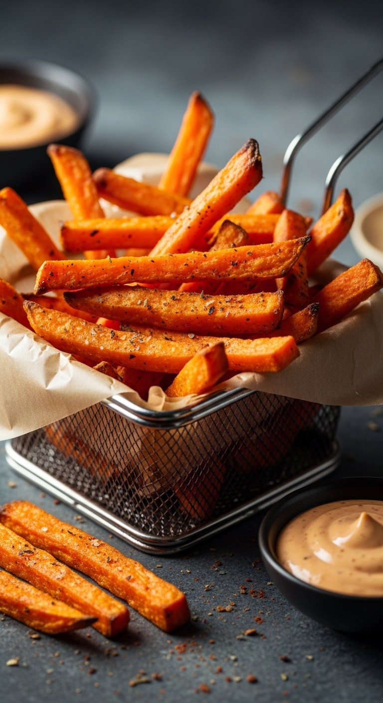 Vibrant air fryer sweet potato fries with smoked paprika in a dark metal basket with chipotle mayo on a dark textured background