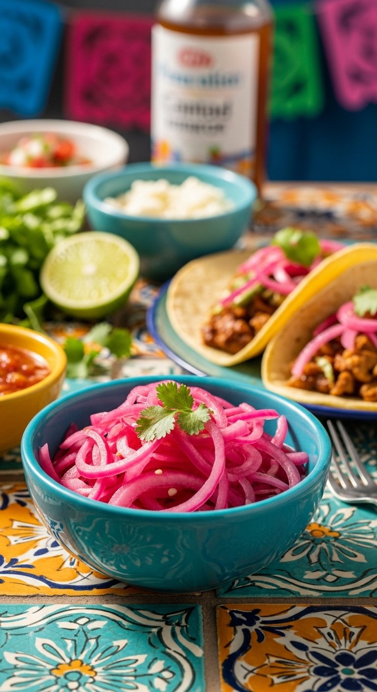 Vibrant bowl of pink pickled red onions with cilantro next to street tacos on a colorful Mexican tile table