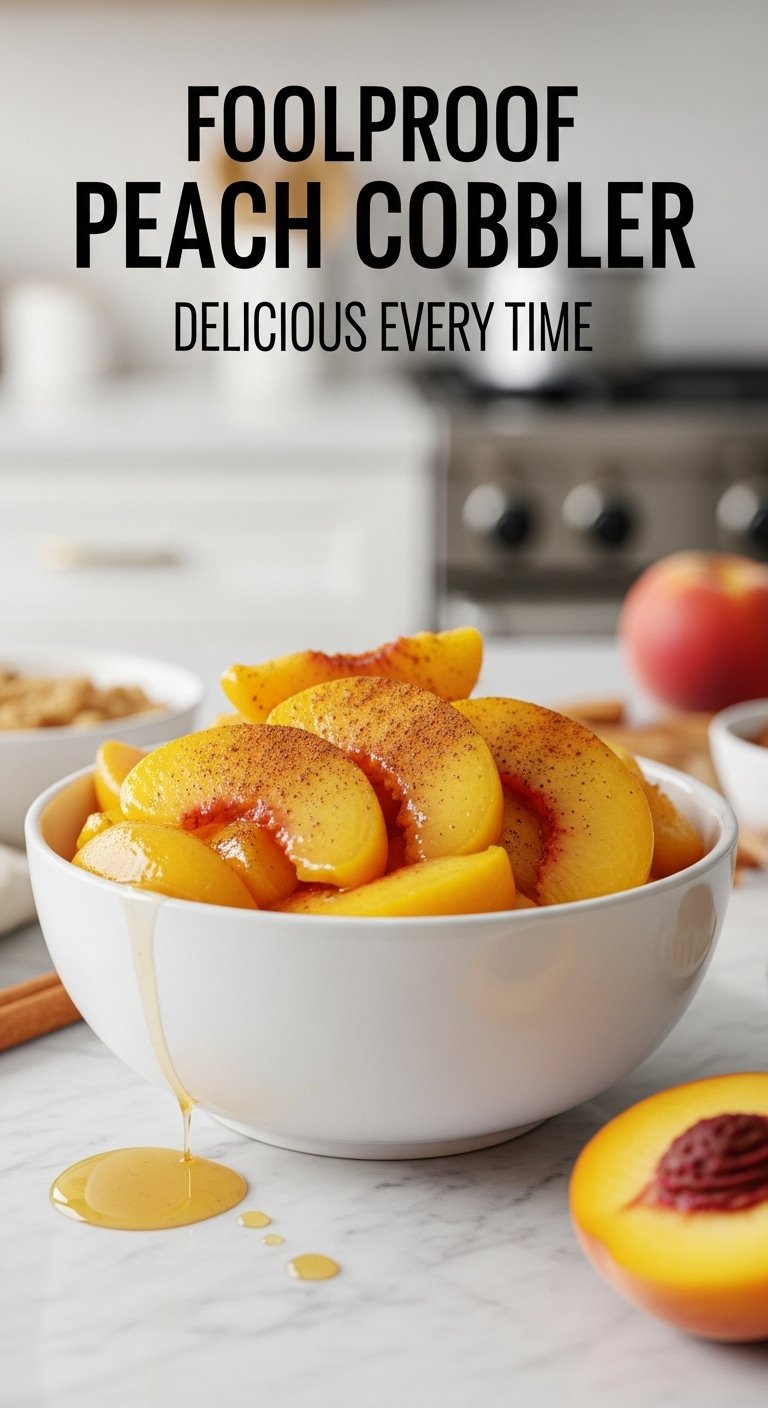 Vibrant peach cobbler filling in white ceramic bowl with cinnamon stick and fresh peach half on marble countertop