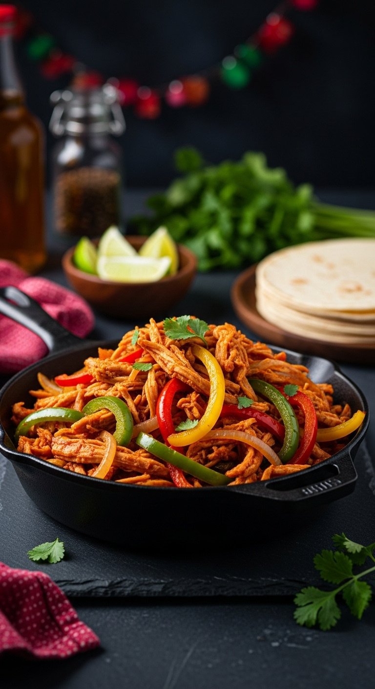 Vibrant pressure cooker chicken fajitas with shredded chicken, bell peppers, and onions in a cast iron skillet