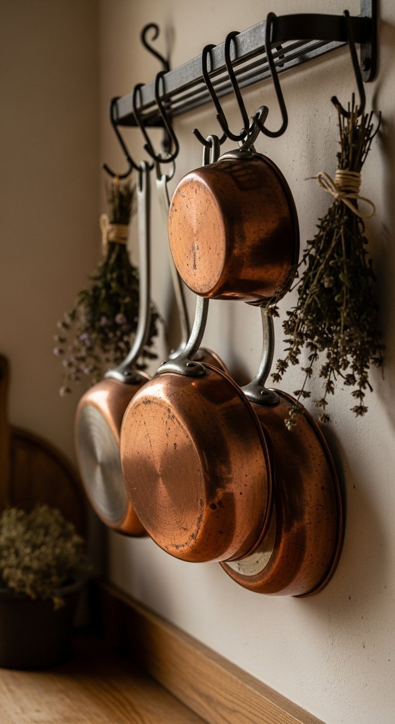 Vintage copper pots and pans, rustic iron rack, creamy wall, dried herbs, blurred wooden countertop.