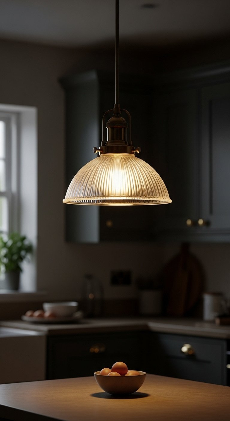 Vintage cottage kitchen charming lighting fixture industrial pendant light fluted glass shade dark green cabinets eggs