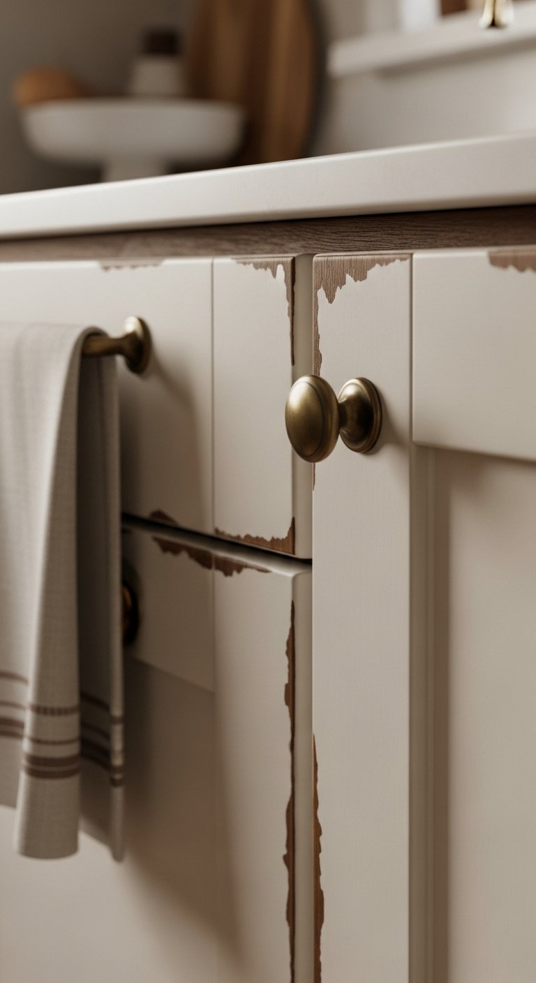 Vintage cottage kitchen distressed painted cabinetry creamy white shaker door aged brass knob linen tea towel rustic