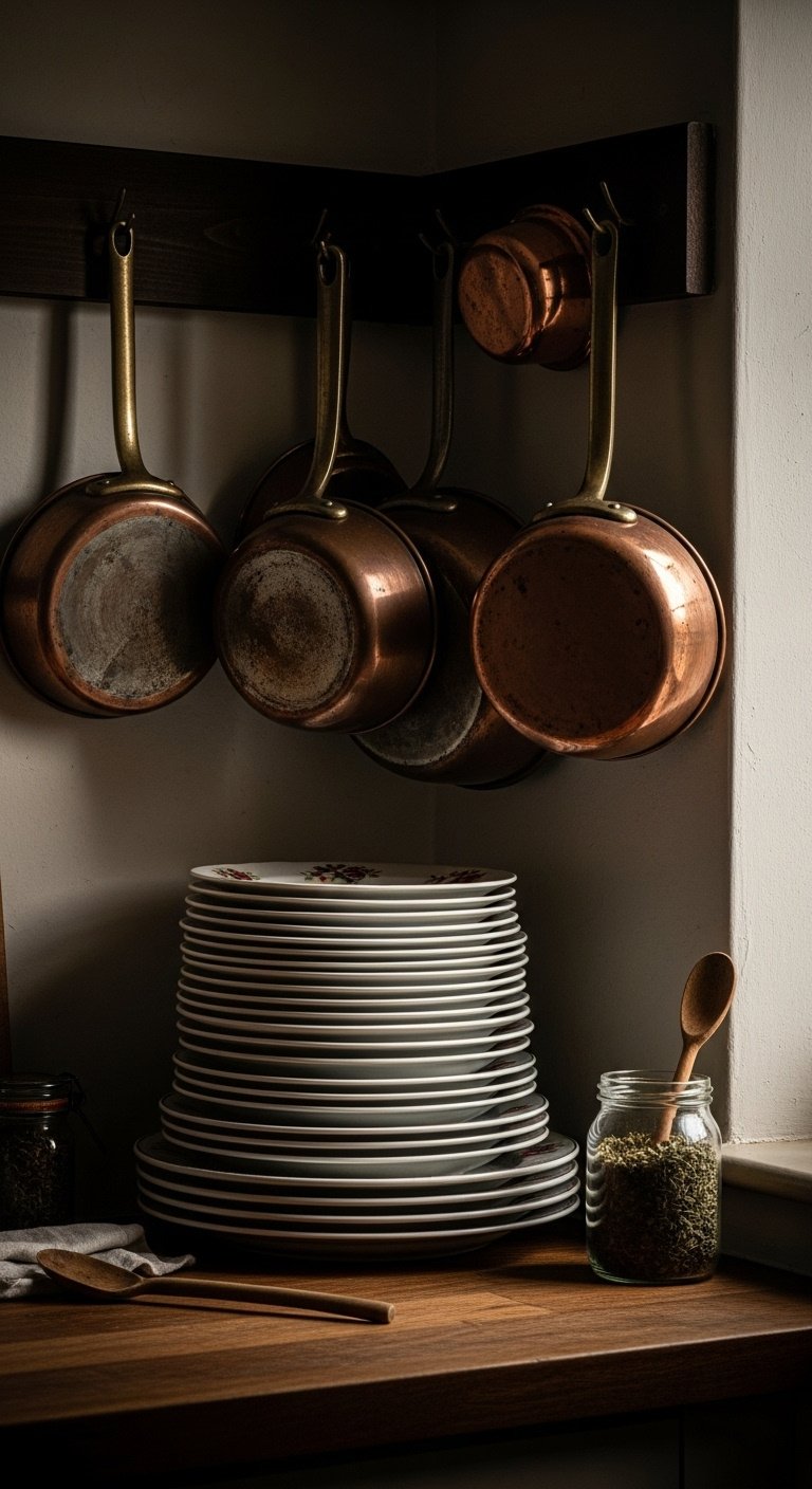 Vintage cottage kitchen eclectic decor vintage accessories copper pots floral china plates dried herbs wooden spoon