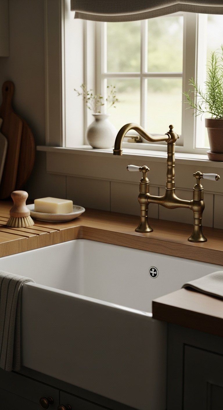 Vintage cottage kitchen farmhouse sink brass bridge faucet butcher block countertop linen curtain potted herb cozy rustic