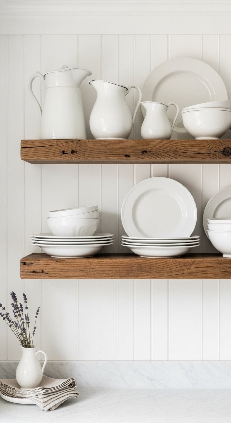 Vintage cottage kitchen open shelving reclaimed wood beadboard wall antique ironstone pitchers ceramic dishes lavender
