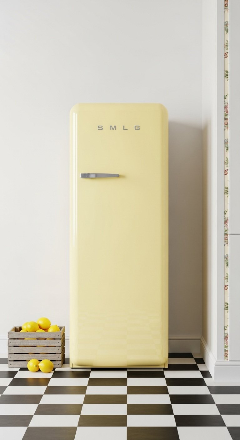 Vintage cottage kitchen retro appliance buttercup yellow refrigerator checkerboard floor fresh lemons floral wallpaper