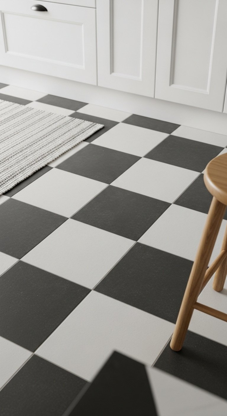 Vintage cottage kitchen timeless flooring black white checkerboard tile woven rug wooden stool clean classic