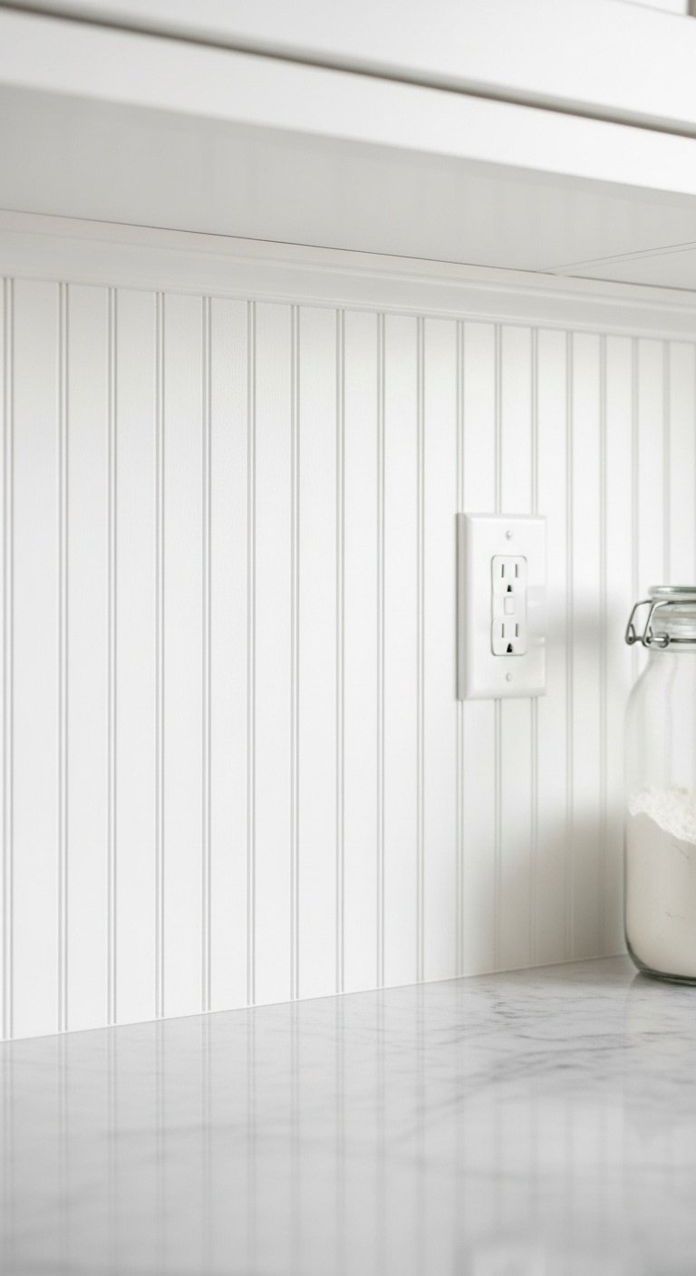 Vintage cottage kitchen white beadboard backsplash marble counter flour jar vintage outlet clean fresh