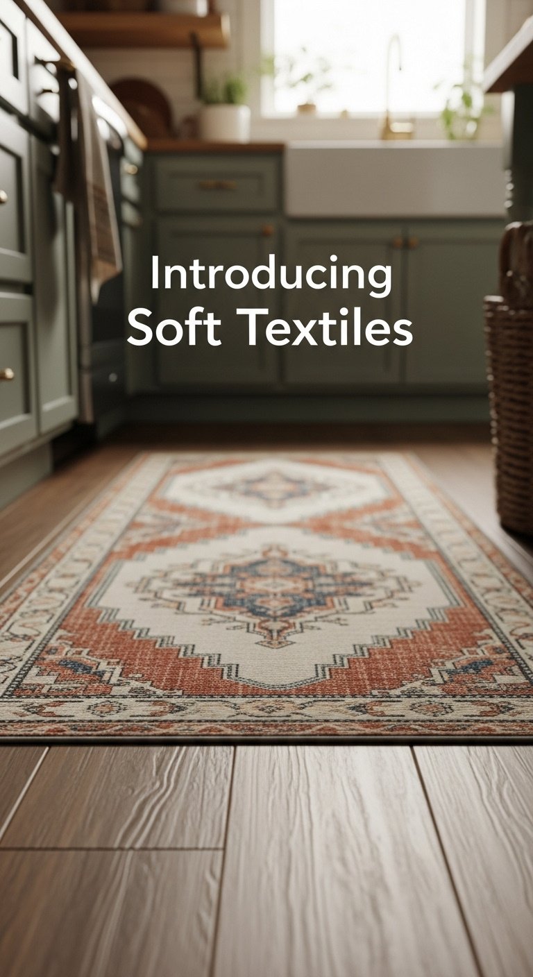 Vintage-inspired patterned runner rug on a warm wood kitchen floor with terracotta cream and muted blue tones