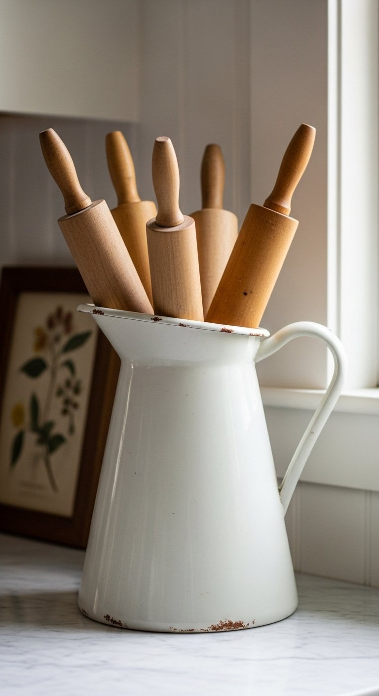 Vintage ironstone pitcher with wooden rolling pins on a marble countertop with a blurred beadboard wall and botanical print