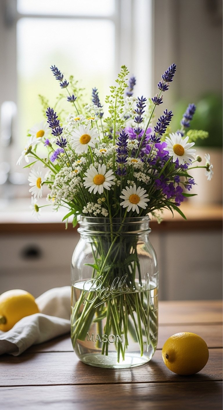 Vintage mason jar with fresh daisies and lavender bouquet on a rustic wood table with a linen napkin and lemon