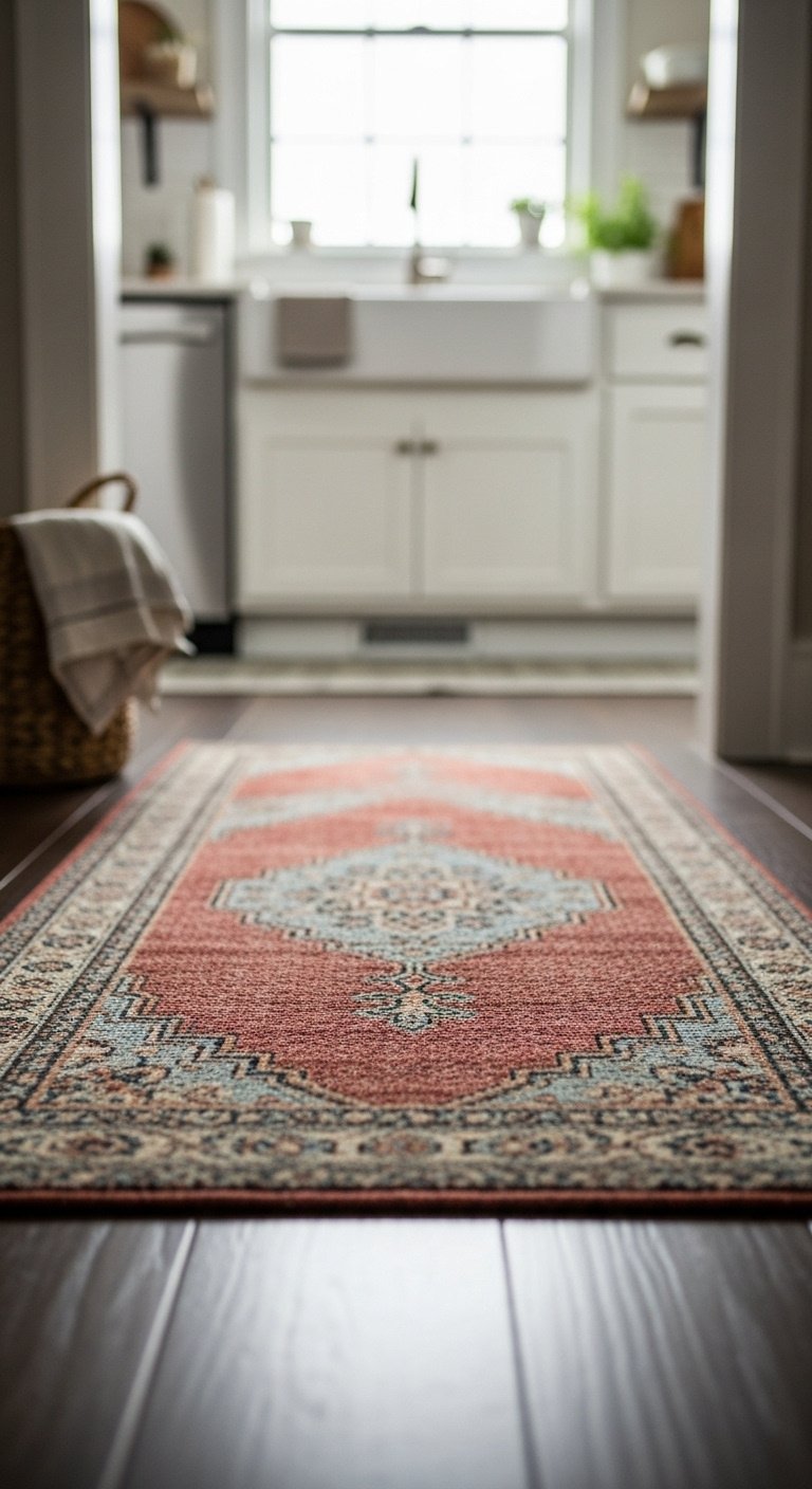 Vintage patterned runner rug on dark wood floor leading into a cozy kitchen with white cabinets and farmhouse sink