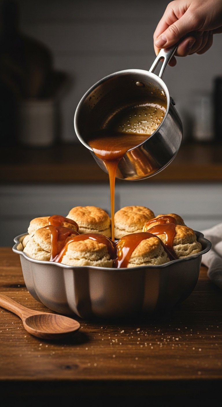 Warm buttery brown sugar sauce being poured from a stainless steel saucepan over biscuit dough in a Bundt pan on a rustic wood table