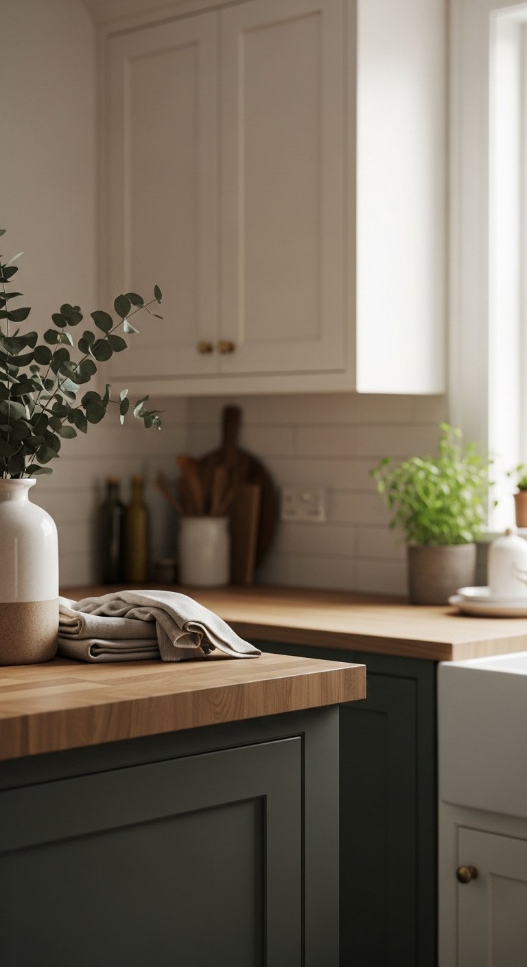 Warm cozy kitchen corner with creamy white wall sage green cabinets butcher block countertop eucalyptus linen towels and potted herb