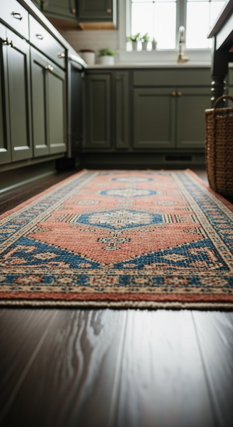 Warm cozy kitchen with vintage-inspired runner rug in terracotta and blue tones on dark hardwood floor and olive green cabinets