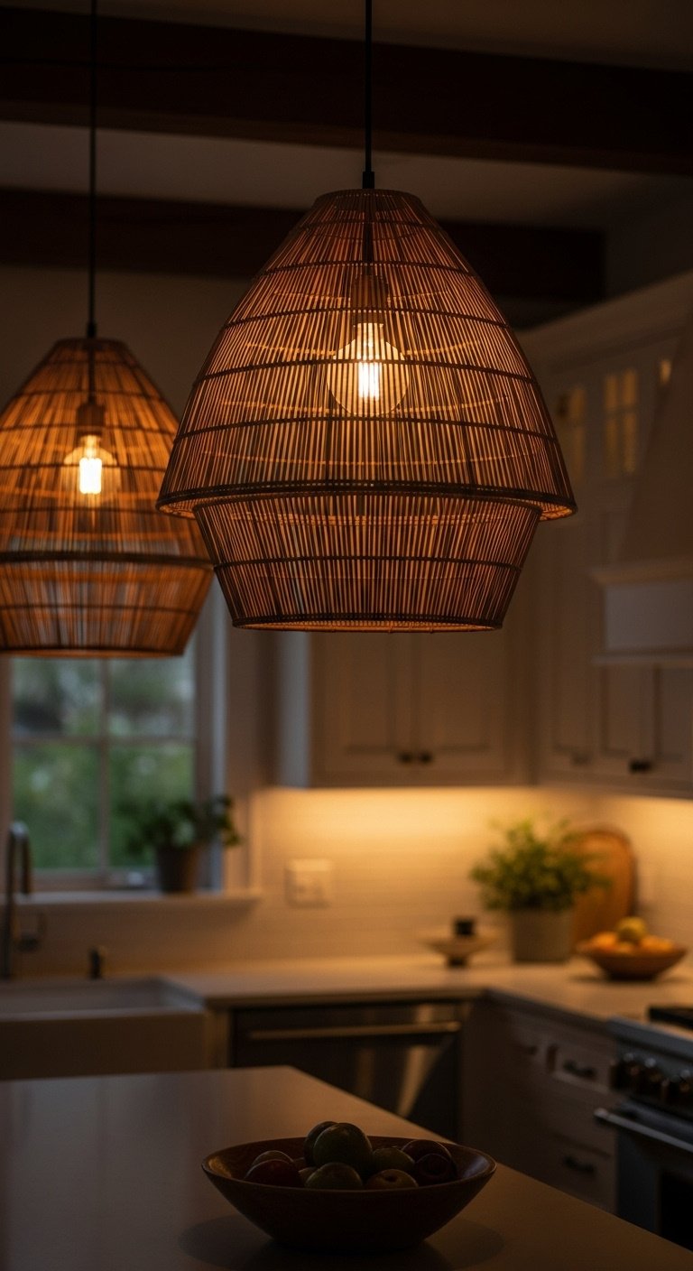 Warm neutral kitchen at evening with oversized woven pendant light over island and soft under-cabinet lighting creating a cozy mood