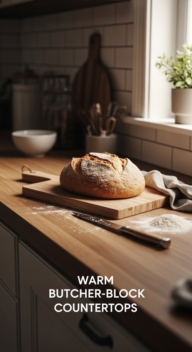 Warm-toned butcher-block kitchen countertop with artisan bread on a cutting board in soft natural light
