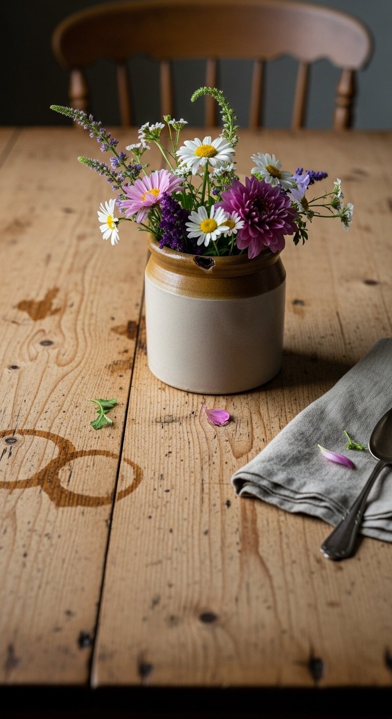 Well-loved wooden dining table, stoneware crock with wildflowers, crumpled linen napkin, vintage silver spoon, fallen petals.
