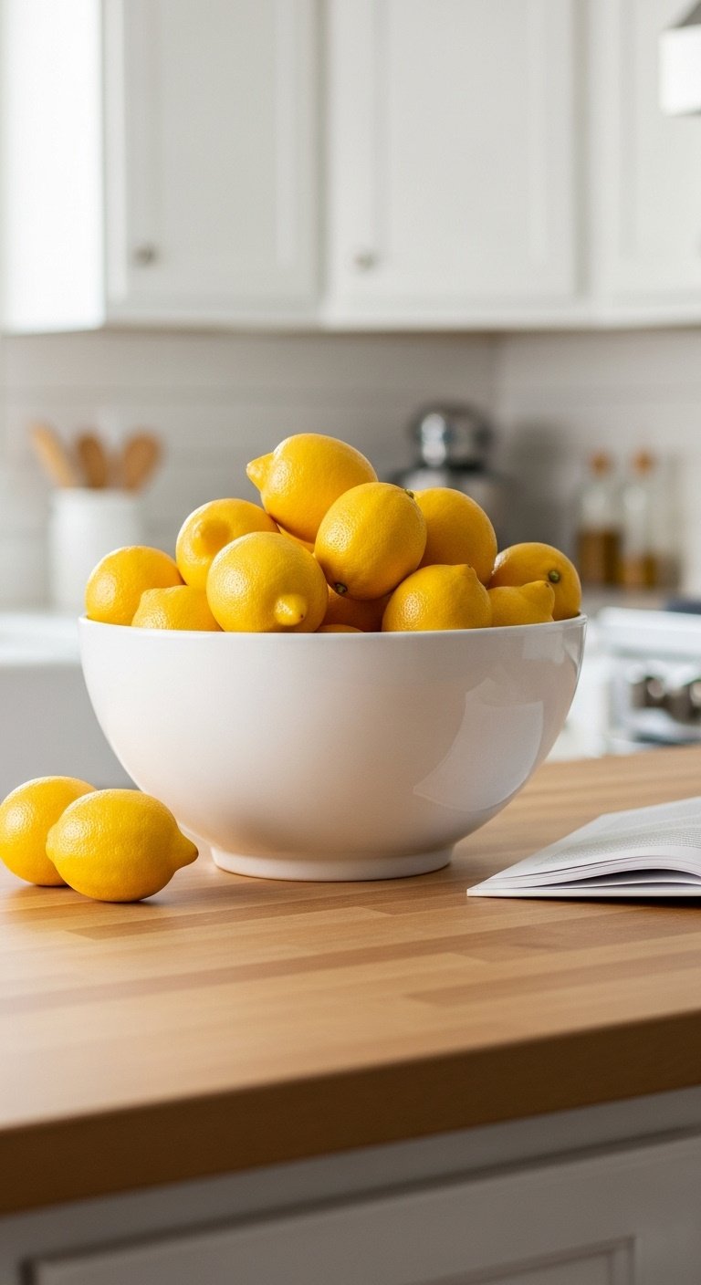White ceramic bowl filled with vibrant lemons on a butcher block countertop with an open cookbook in bright studio light