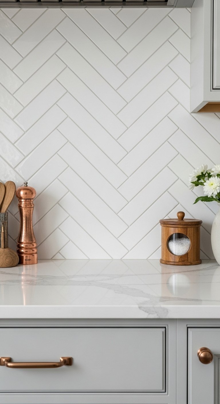 White herringbone tile backsplash, Calacatta Gold quartz countertop, light gray cabinets, wood salt cellar, copper pepper mill, white flowers.