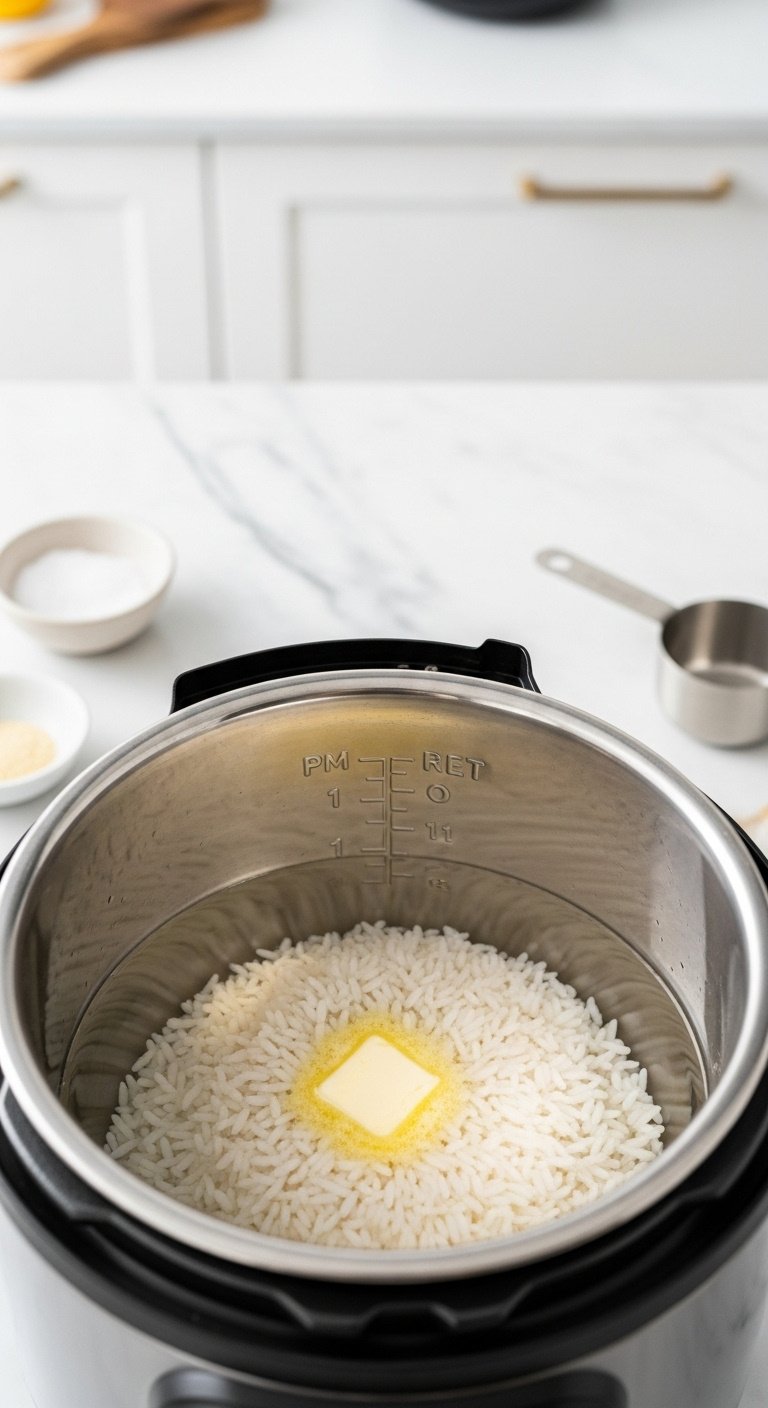 White rice and water in an Instant Pot with melting butter salt and measuring cup on a marble countertop