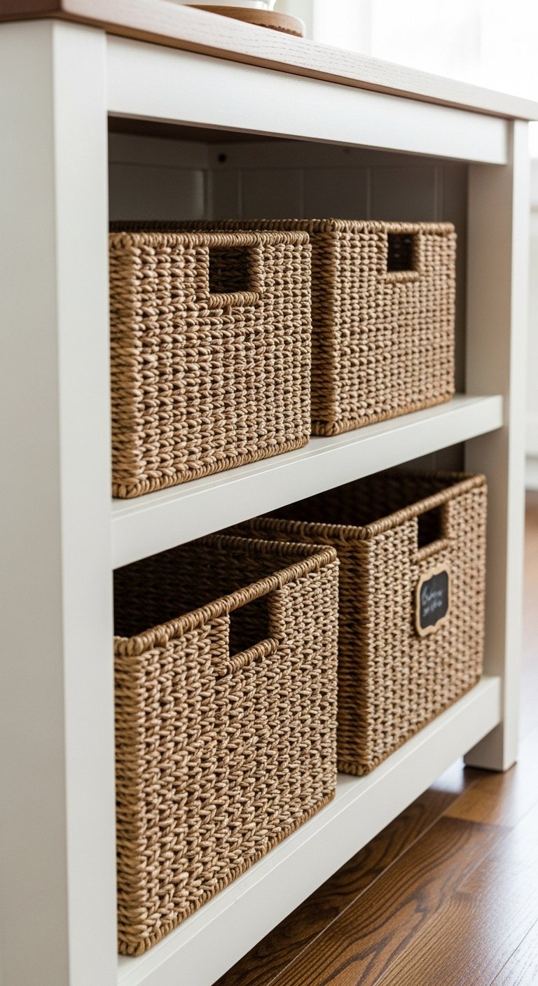 Wicker baskets on open kitchen island shelves with a chalkboard label, against a blurred hardwood floor