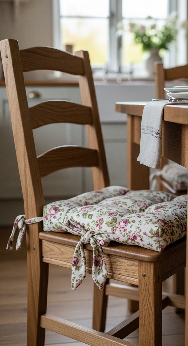 Wooden dining chair with plush floral seat cushion and linen tablecloth in a cozy cottage kitchen with natural light