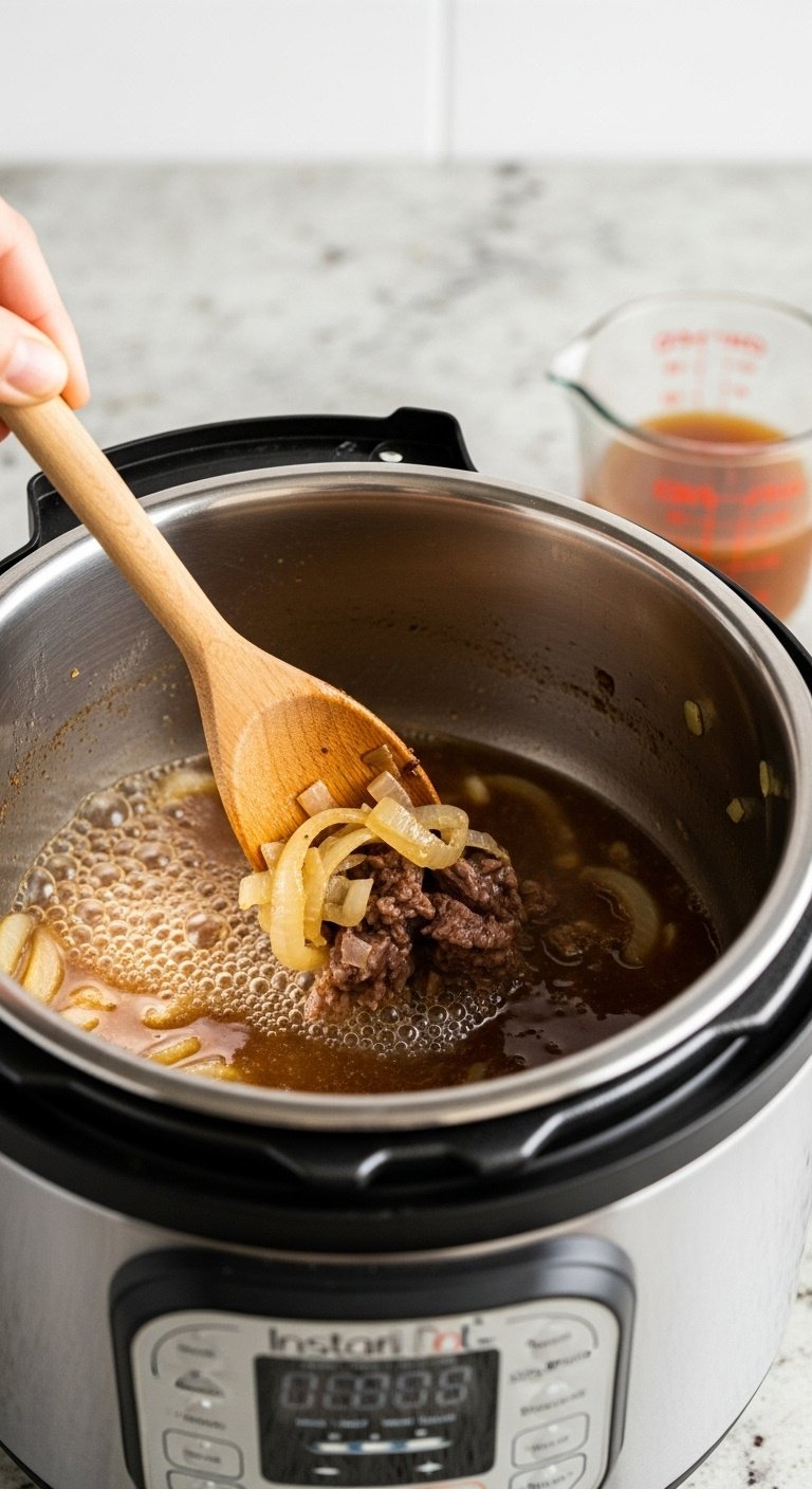 Wooden spoon scraping browned bits from Instant Pot with bubbling beef broth and sautéed onions measuring cup nearby