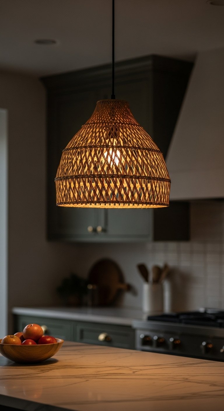 Woven rattan pendant light casting a warm glow over a kitchen island with blurred dark green cabinets and fruit