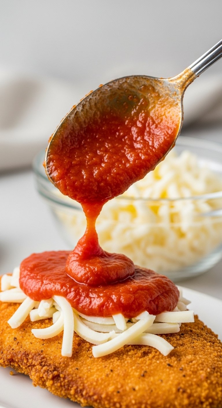 add-marinara-sauce-to-crispy-chicken-cutlet-close-up-spoon-mozzarella