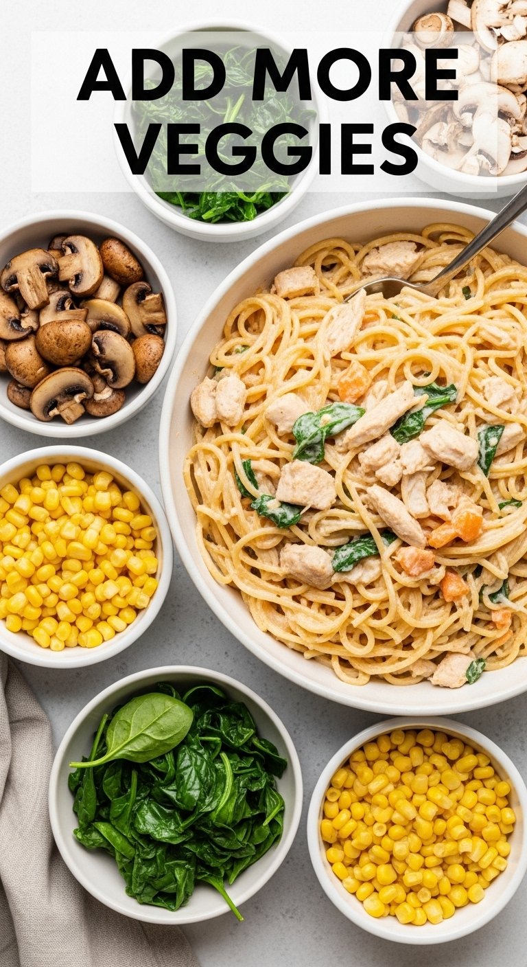 add-more-veggies-sautéed-mushrooms-spinach-corn-chicken-spaghetti-mixture