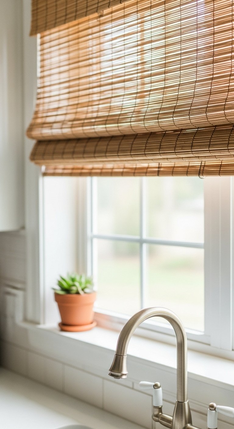adding-window-treatments-bamboo-roman-shade-kitchen-succulent-pot