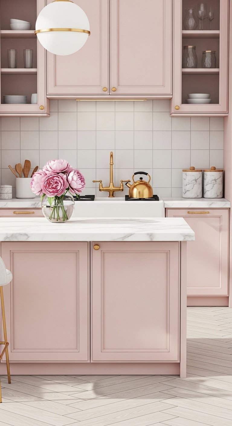 aesthetic blush pink gold kitchen bloxburg marble island gold kettle pink peonies herringbone wood floor high resolution 8K elegant minimalist design