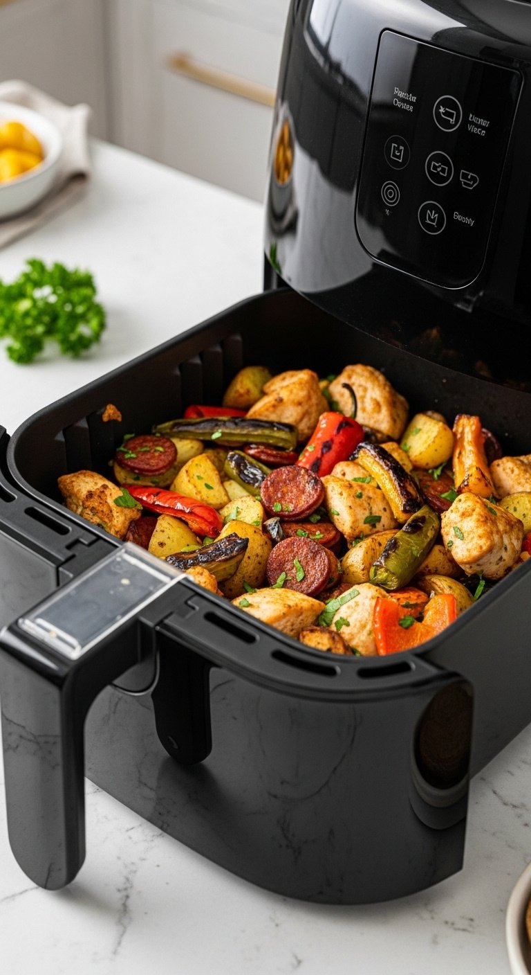 air fryer chicken traybake with crispy potatoes chorizo peppers and parsley in basket vertical portrait