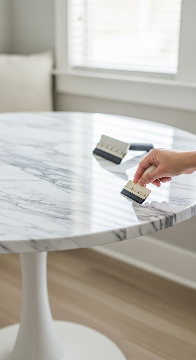 applying-marble-patterned-vinyl-decal-to-tabletop